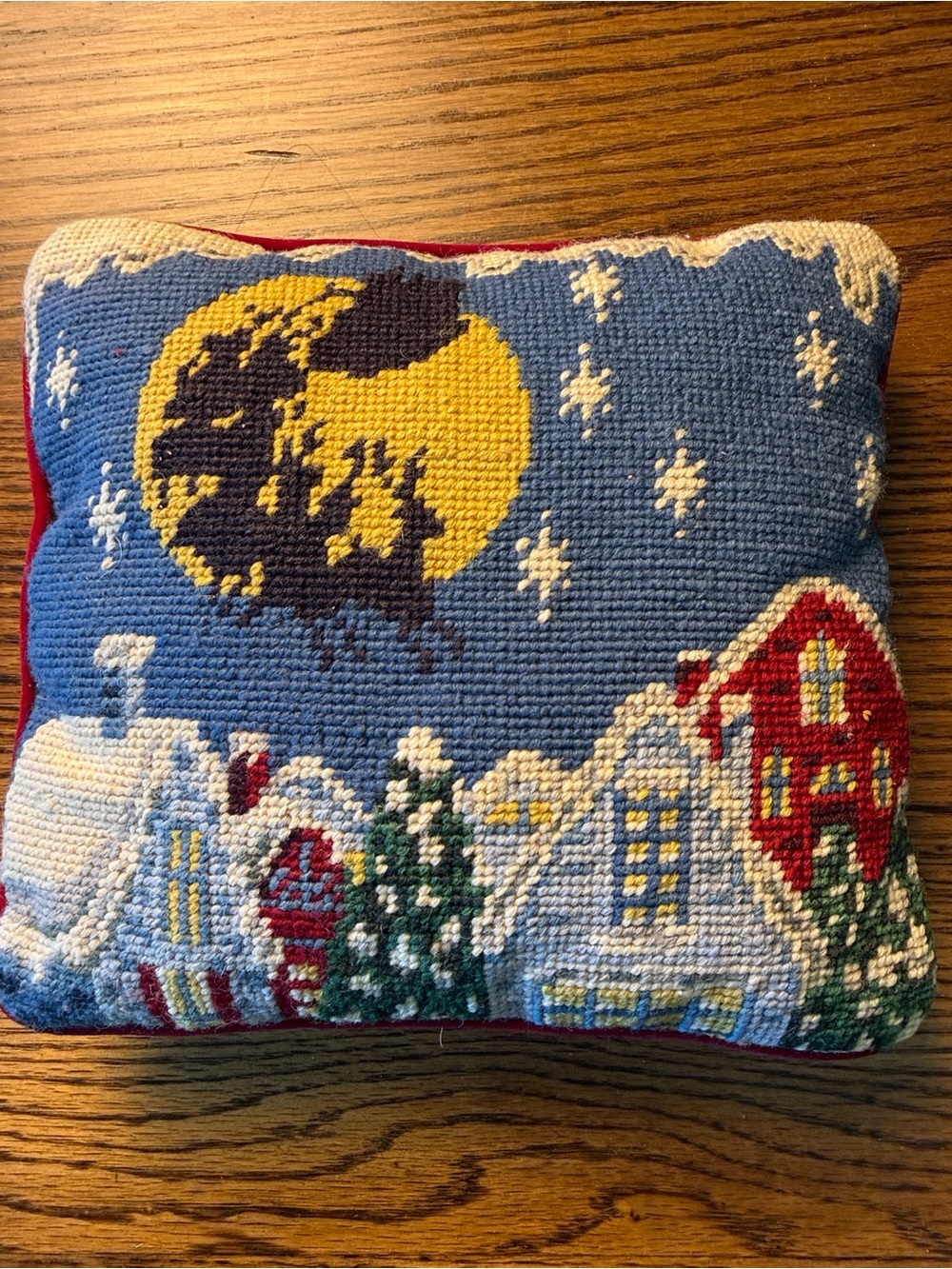 Christmas Santa Sleigh Needlepoint Pillow Snow Village Moon Velvet Back 10”